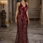 Burgundy Sequin Halter Evening Gown