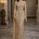 Champagne Crystal High Neck Evening Gown