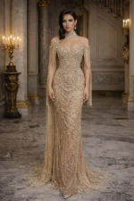 Strapless Gold Beaded Wedding Party Gown - Image 2