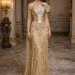 Ivory One Shoulder Embellished Evening Gown