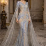 Ice Blue Cape Evening Gown
