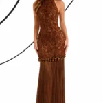 Bronze Halter Fringe Evening Dress