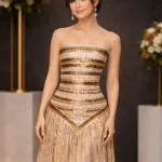 Strapless Gold Beaded Wedding Party Gown