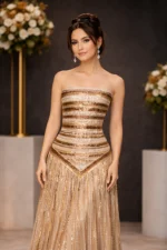 Strapless Gold Beaded Wedding Party Gown